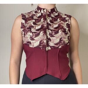 FTWW Vintage 90s Maroon Mesh Embroidered Zipper Front Top Size Medium